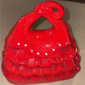David's Cookies Ceramic Red Ruffle Purse Cookie Jar 6" tall Clean!